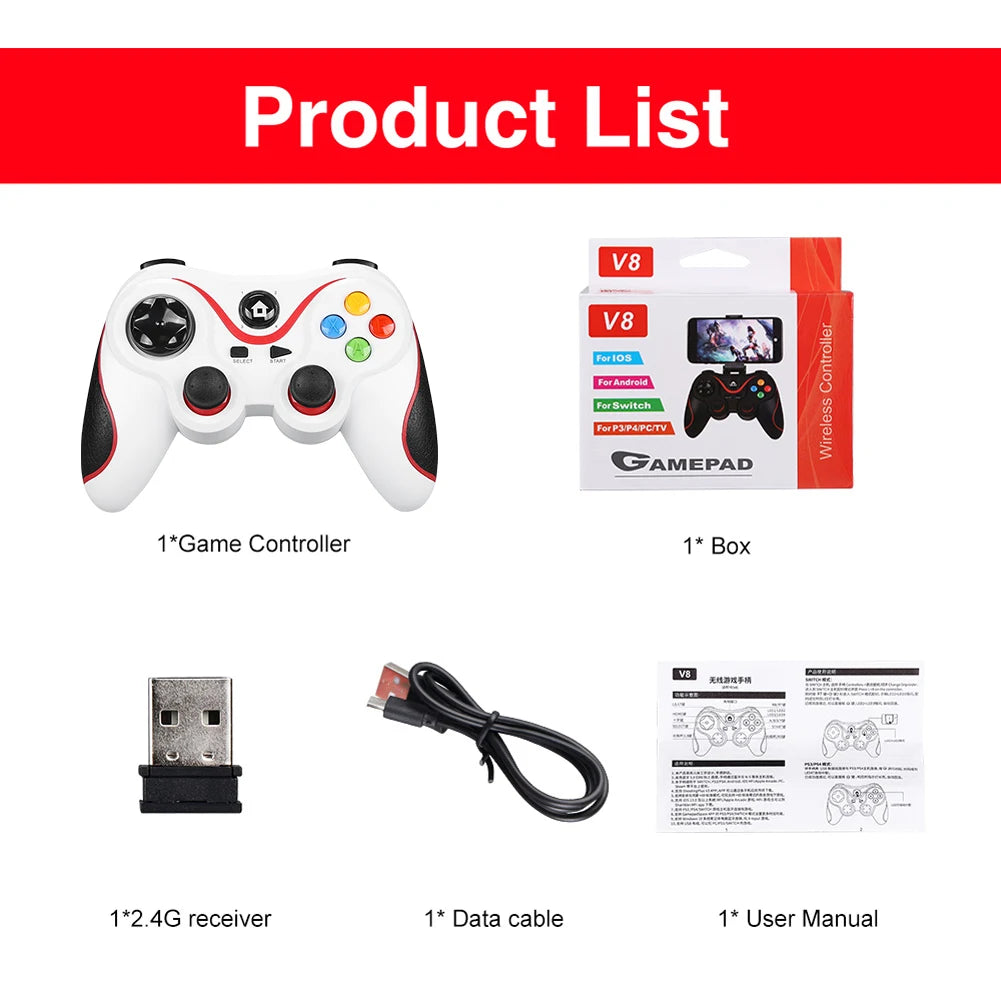 V8 2.4G Wireless Game Controller Controller Gamepad Dual Vibration Wireless Gamepad for Android/iOS/PC/PS3/Switch/Mobile Phone